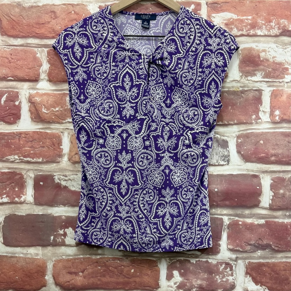 Ralph Lauren Chaps Top Women's Small Purple White Boho Floral Twist Neck Shirt